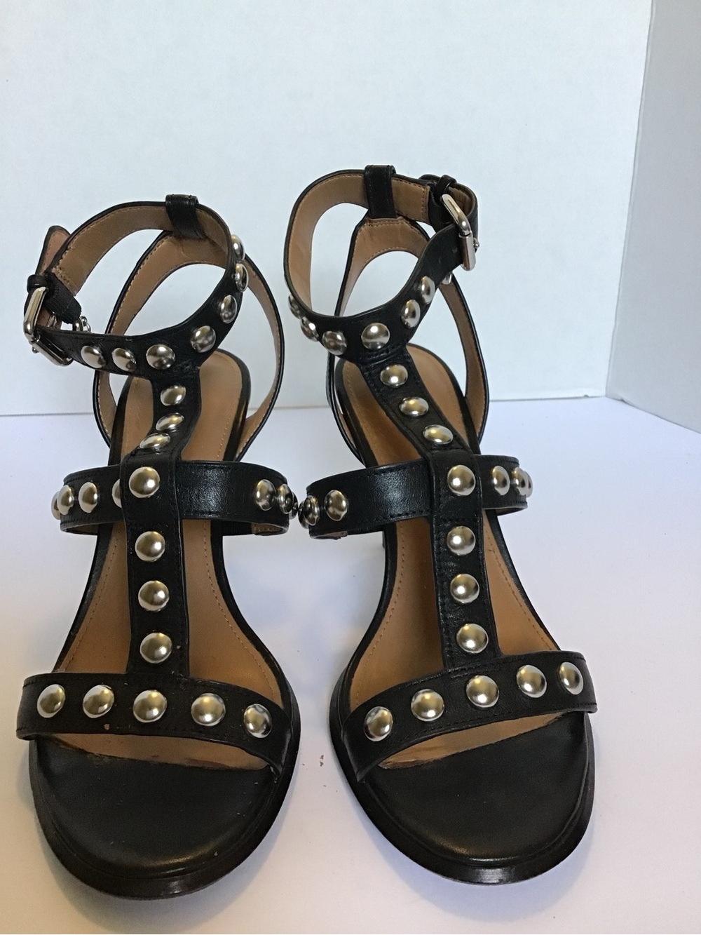 Coach Black Studded T-Strap Sandals with Silver Accents